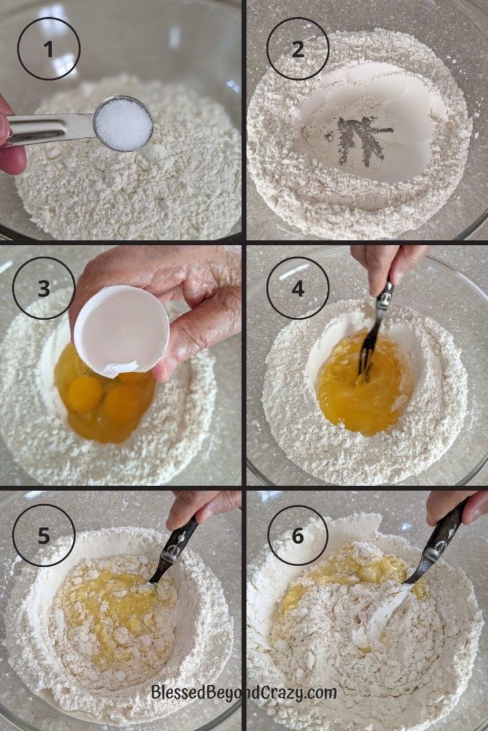 The first six steps to making homemade noodles.
