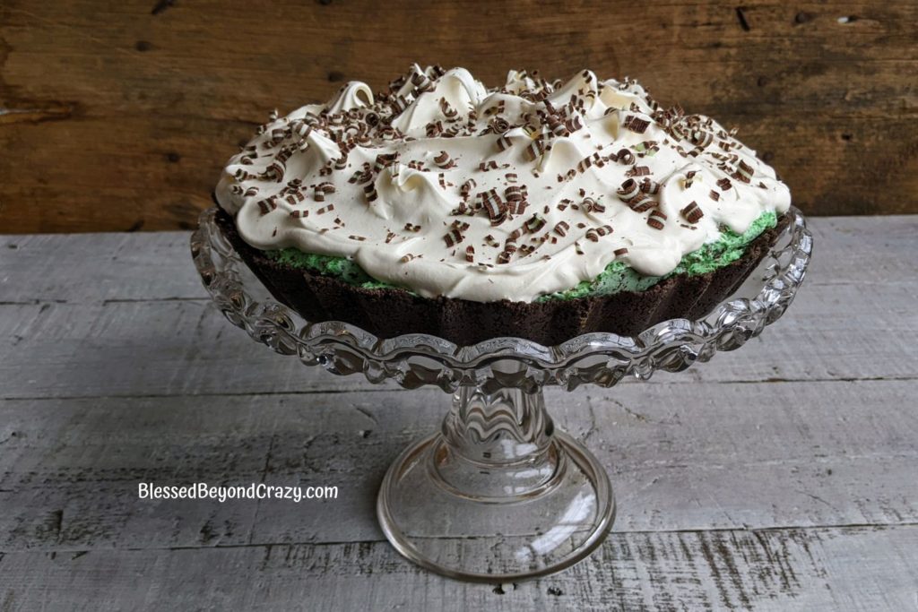 Horizonal view of freshly made frozen Chocolate Mint Tart