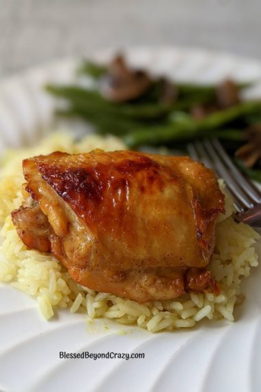 Single serving of Spiced Honey Chicken with green beans and rice