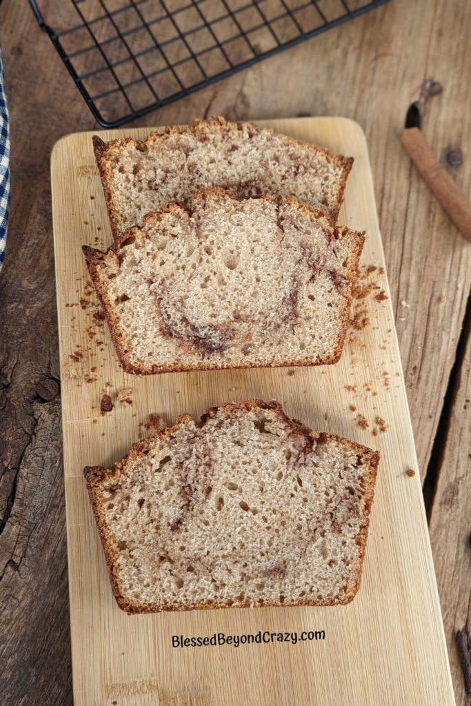 Overhead view of three slices of cinnamon swirl coffee cake