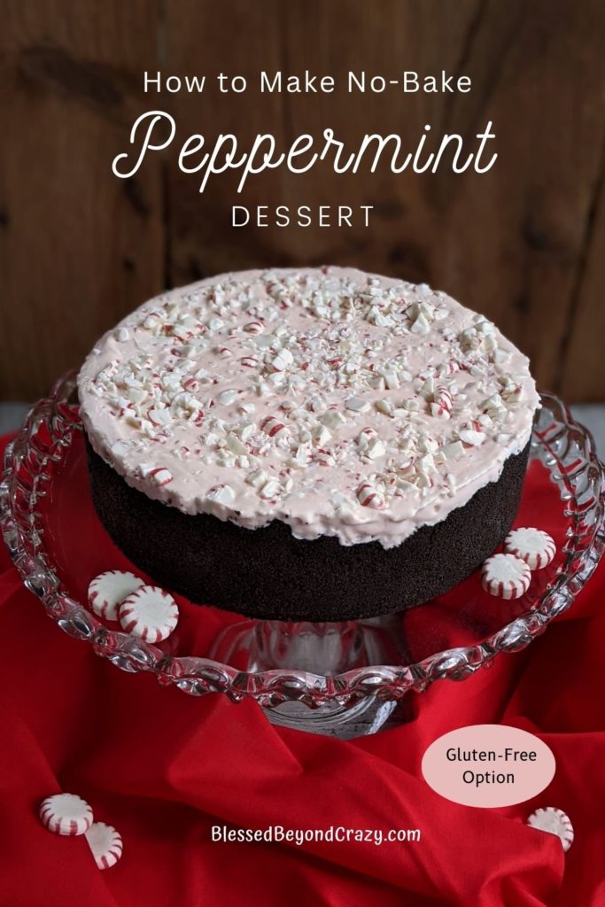 Pinterest image of a completed No-Bake Frozen Peppermint Dessert displayed on glass serving platter.