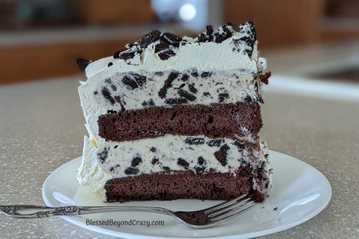 Close up view of layers of gluten-free Oreo ice cream cake.