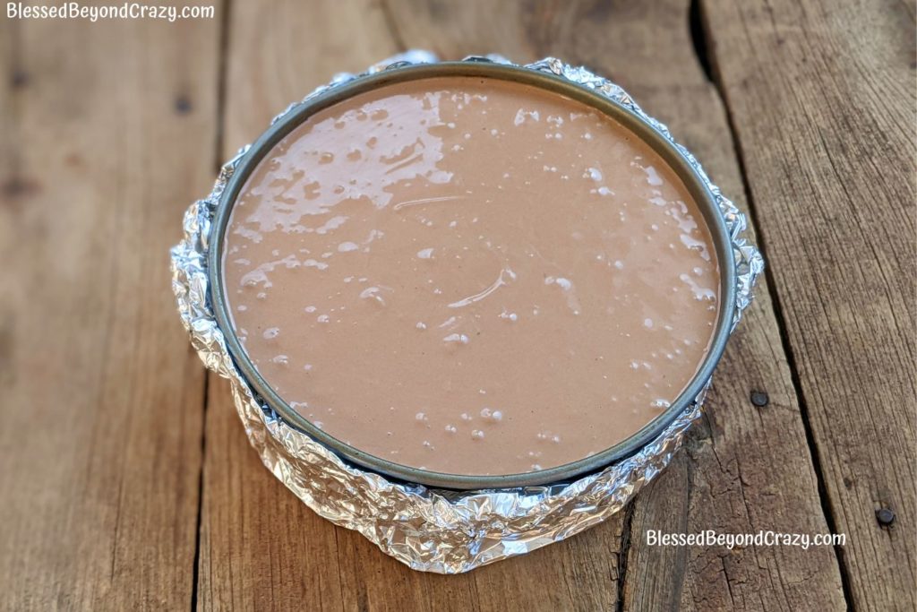 Overhead view of cheesecake ready to bake