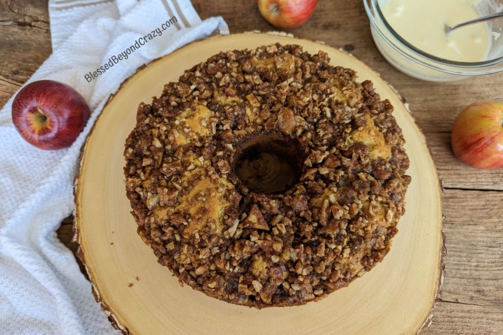 Overhead view of apple streusel cake before the icing is added.