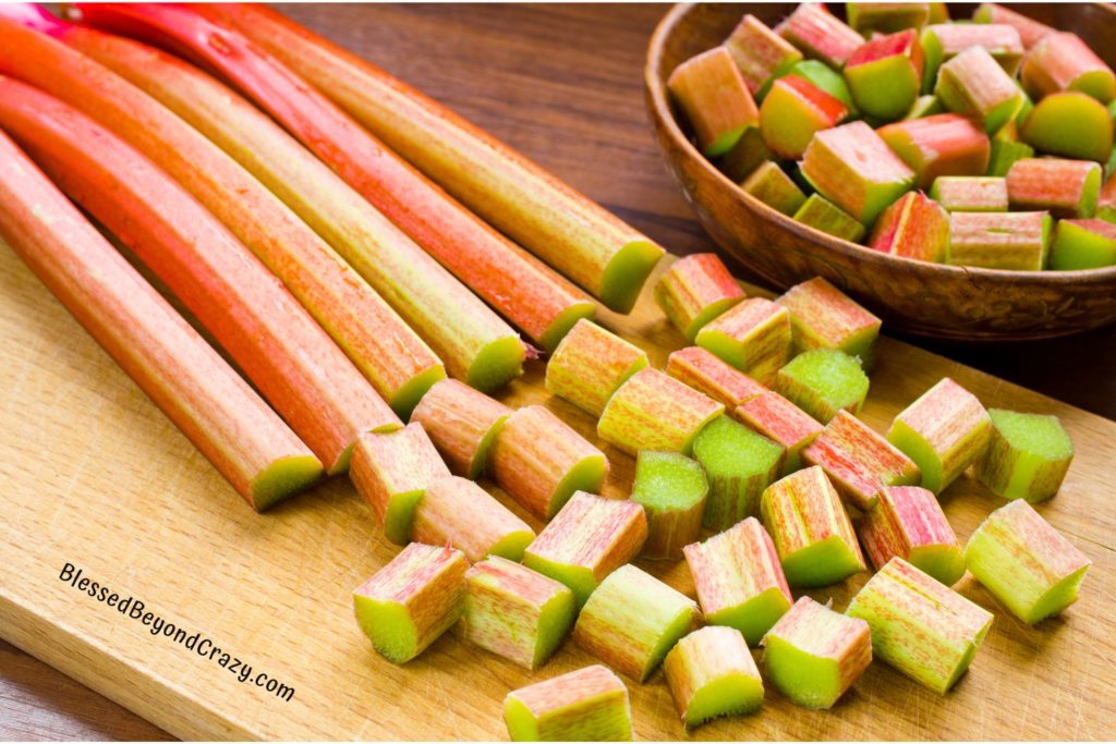 Photo of fresh garden rhubarb stalks; some cut into chunks.