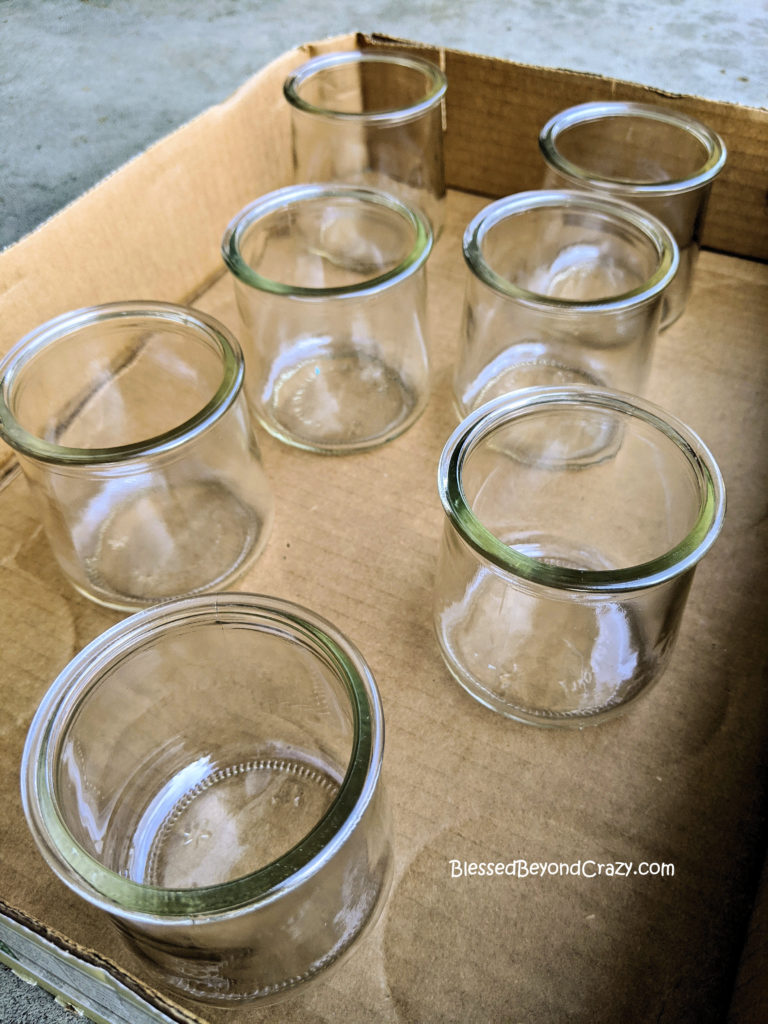 Clean yogurt jars ready and waiting to make Repurposed Succulent Planters